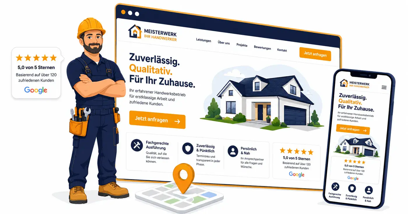 Handwerker vor professioneller Website mit Google Maps Einbindung und Kontaktformular